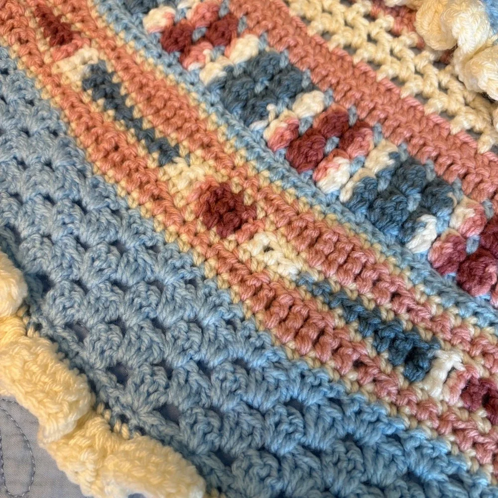 Handmade Crochet Sampler Afghan Throw Blanket Blue Pink Cream Ruffle Trim 47x47